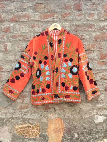 Womens Orange Velvet Embroidered Jacket with Floral Design