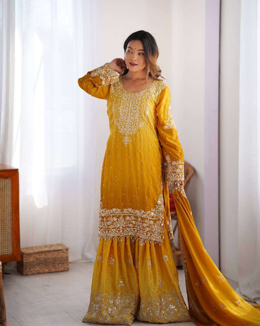 Women's Chinon Silk Sequence With Rivet Moti Work Straight Kurta With Sharara and Dupatta Set - Image 37
