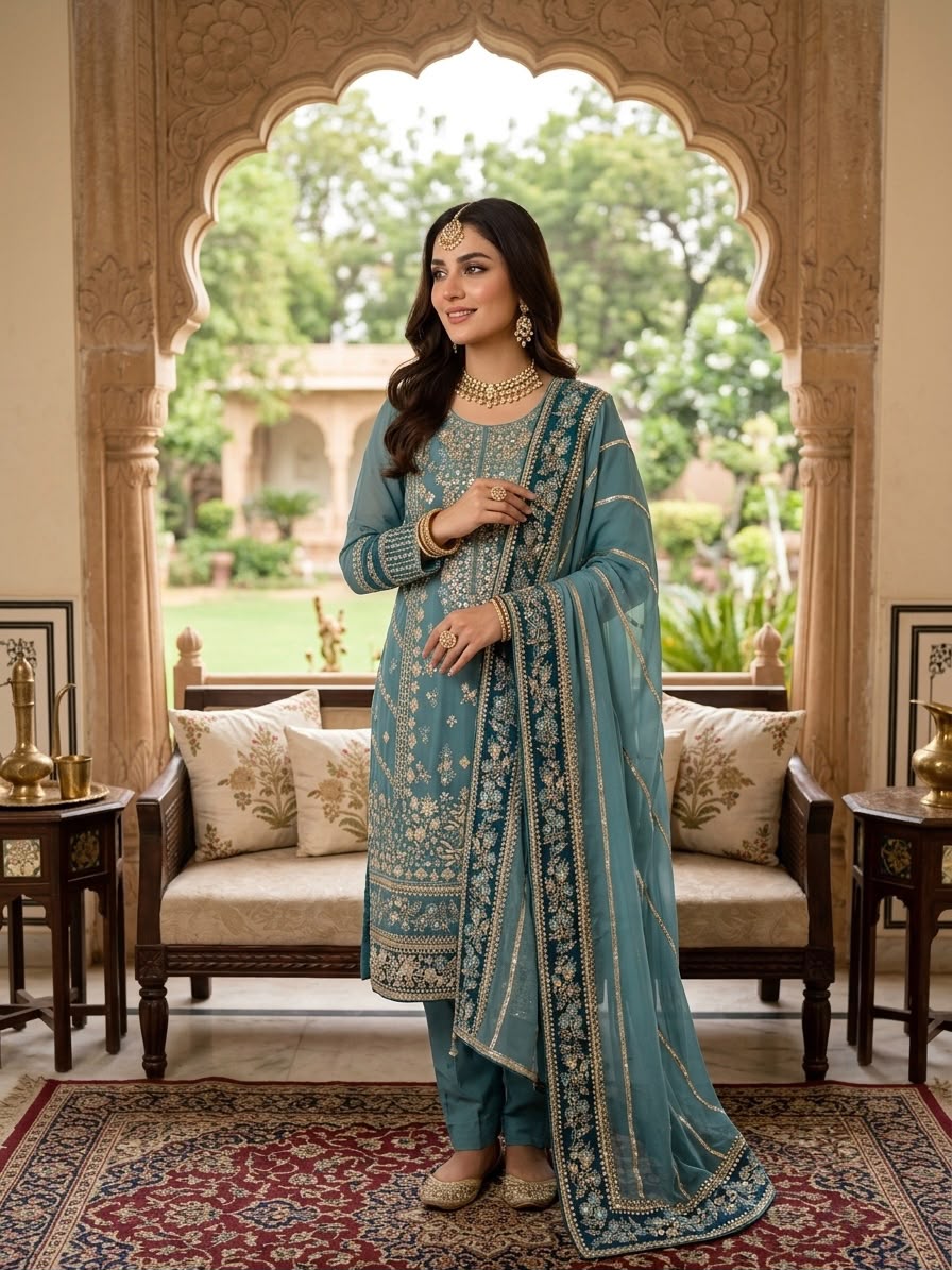 Elegant Embroidered Fox Georgette Suit Set