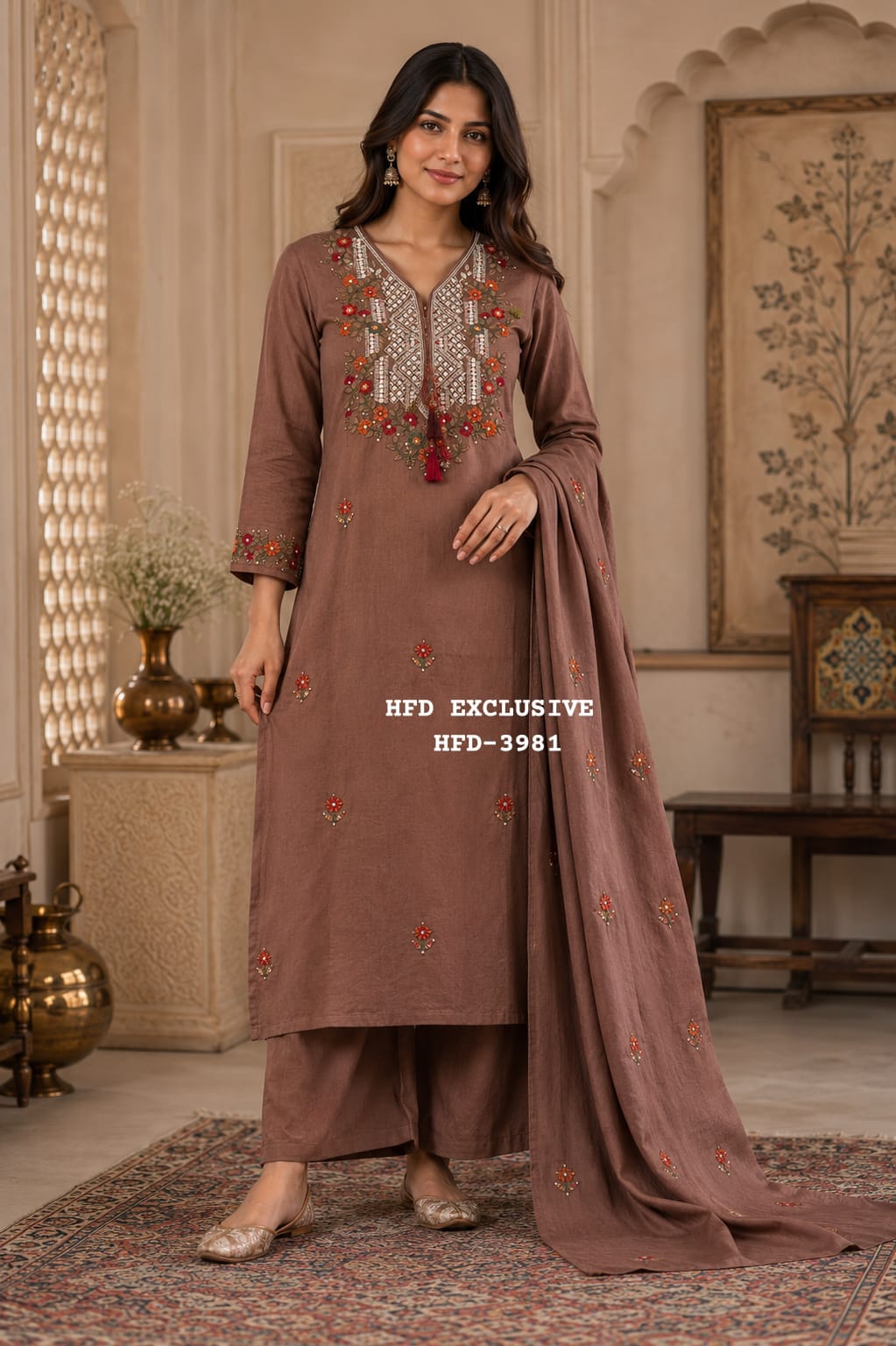 Premium Silly Cotton Embroidered 3-Piece Suit Set
