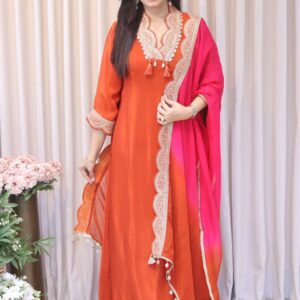 Zariya Pure Crepe Zari Embroidered A-Line Kurta Set with Organza Ombre Dupatta