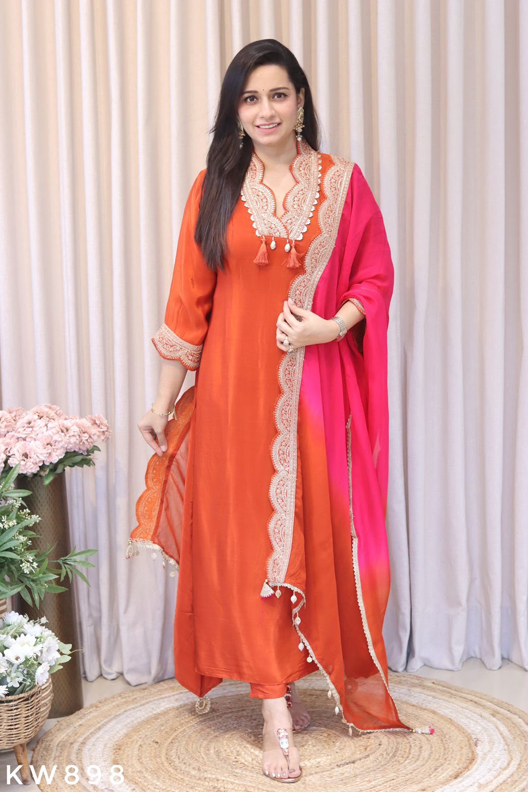 Zariya Pure Crepe Zari Embroidered A-Line Kurta Set with Organza Ombre Dupatta