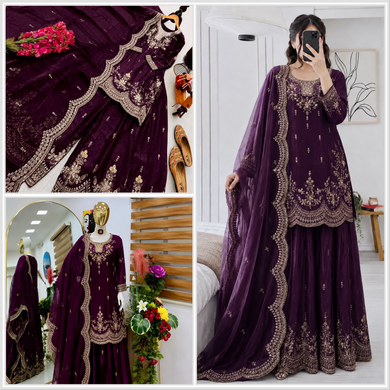 ✨ Royal Fendy Satin Embroidered Sharara Suit Set - Image 2