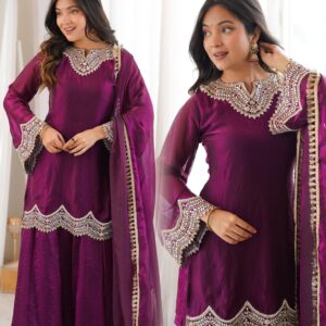 ✨Royal Wine Mirror Work Sharara Palazzo Set