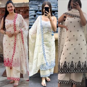 ✨Royal Maska Cotton Silk Embroidered Kurta Pant & Dupatta Set