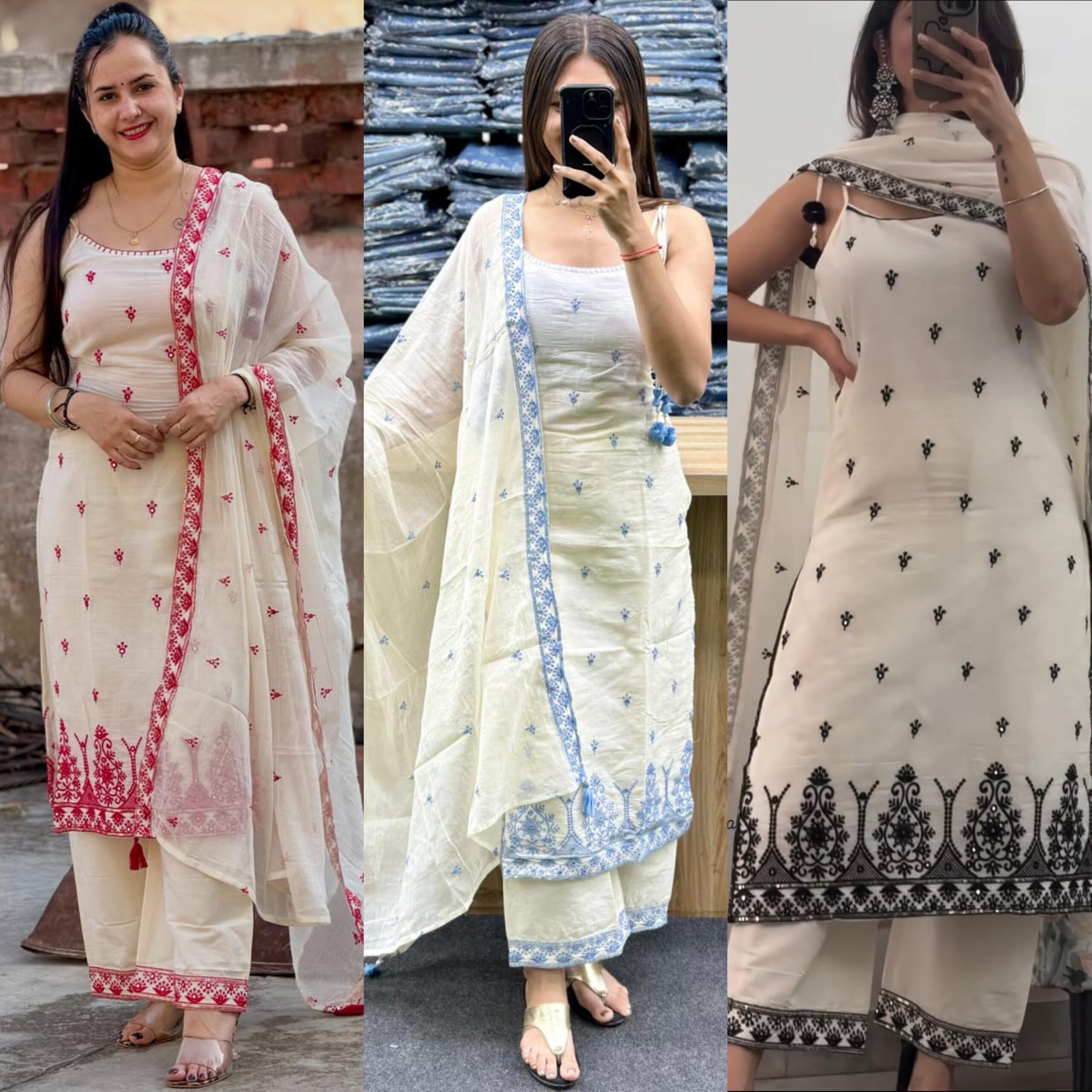 ✨Royal Maska Cotton Silk Embroidered Kurta Pant & Dupatta Set